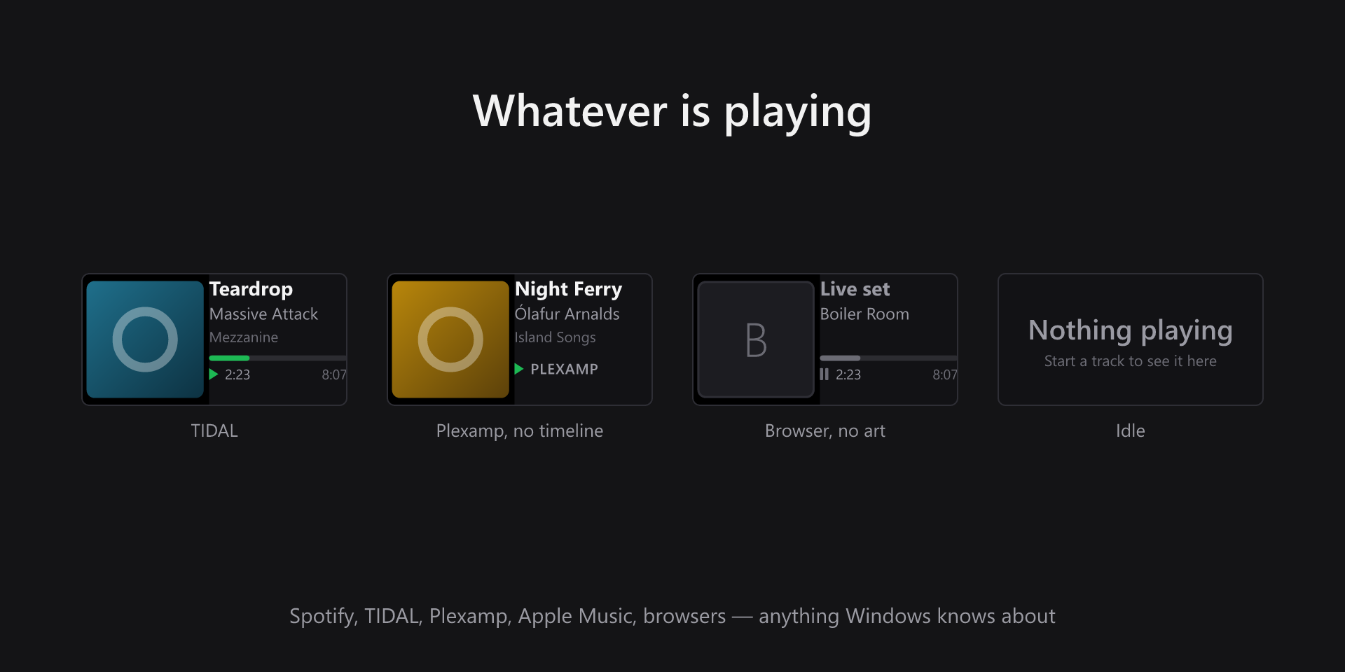 The same strip showing TIDAL, Plexamp, a browser player, and the idle state